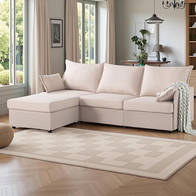93.7” Sectional Sofa with Movable Ottoman, 3 Seaters L Shaped Couch Modular Sofa Bed with 2 Armrest Pillows, Small Sectional Couch for Living Room Bedroom Small Space Furniture, Beige