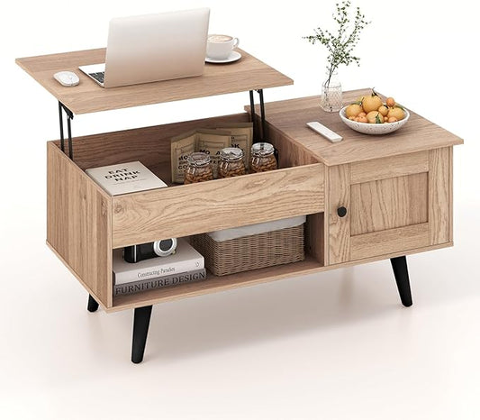 Giantex Lift Top Coffee Table, Modern Cocktail Table with Hidden Compartment, Open Shelf & Cabinet, Wooden Flip Top Center Table, Pull up Coffee Table for Home Office, Living Room (Natural)