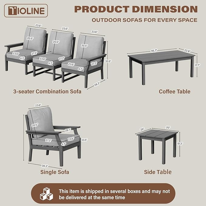 HDPE Patio Conversation Set, 7-Piece All Weather Outdoor Furniture Set with 2 Single Armchairs for Deck, Lawn, with Cushion, Gray
