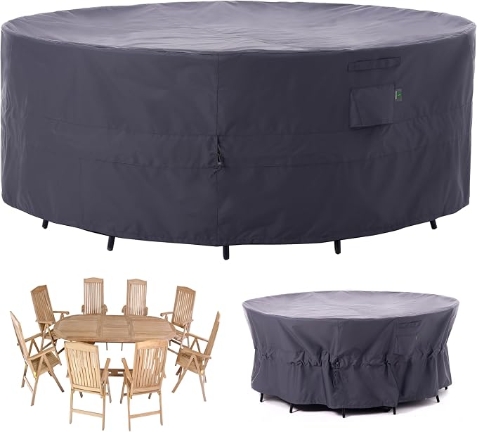 F&J Outdoors Patio Furniture Covers, Heavy Duty Tear Resistant Waterproof UV Resistant Windproof Outdoor Furniture Cover, Grey, 84" Dia x 31" H by FJOutdoors