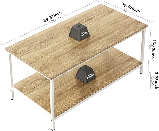 SAYGOER Coffee Table with Storage 2-Tier Industrial Center Table for Living Room, Rectangle Wood Table for Small Spaces Apartment Home Office, Beige White