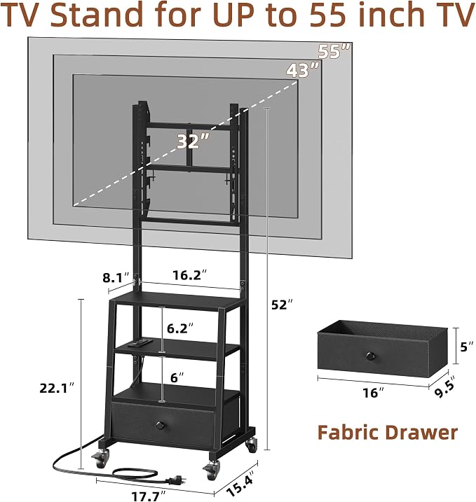 AFLUI Rolling TV Stand with Wheels and Mount & Fabric Drawer - Entertainment Center with Power Outlet and Small TV Stand for Bedroom, Living Room - 15" Black - Image 6