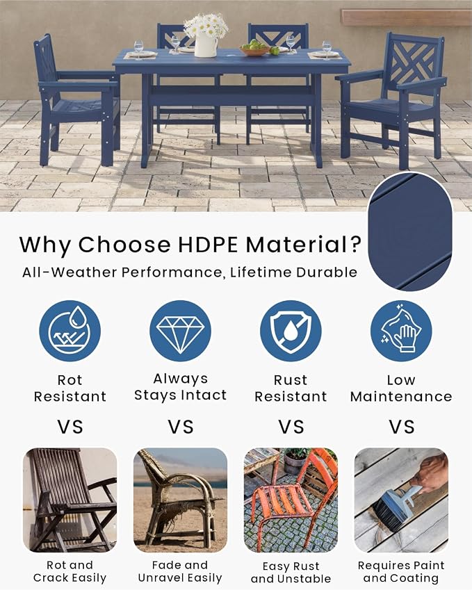5-Piece Outdoor Dining Set, HDPE All-Weather Patio Table and Chairs Set for 4, Outdoor Patio Furniture Sets with Umbrella Hole for Outside, Deck, Backyard, Garden (Navy Blue) - Image 3