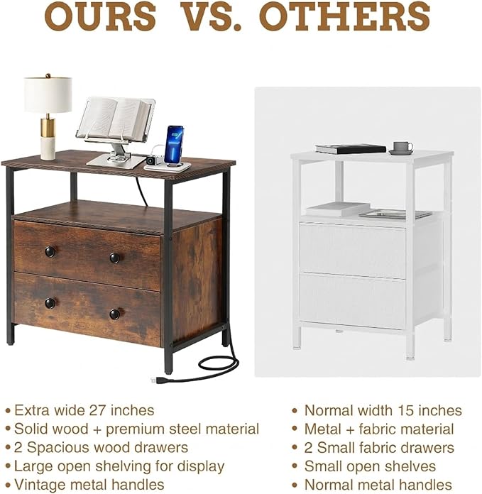 Edbuosy 27 inch Wide Night Stand Set 2 with Charging Station, Bedside Table with Open Shelf, 2 Drawers Small Wood Dresser, Modern Wood Nightstand for Bedroom/Living Room (Retro Brown) - Image 7