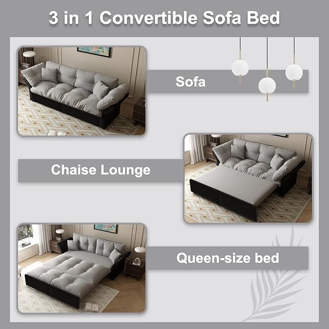 Eafurn 3-in-1 Convertible Sofa Bed Queen Size Pull Out Sleeper Sofa with Skin-Friendly Velvet Fabric, Multi-Functional Loveseat with Pillow Armrest for Guest Room & Living Room