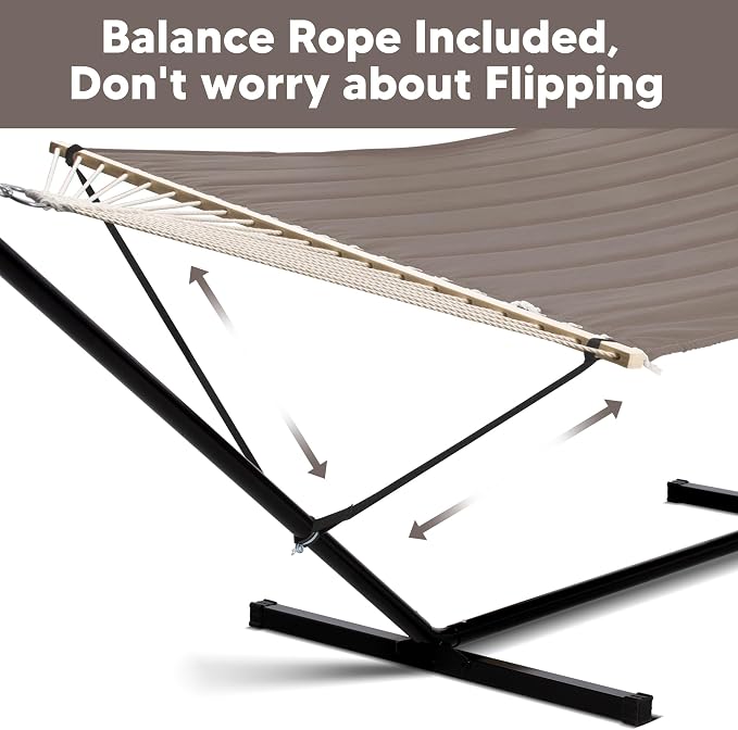 SUNCREAT 55 Inch Extra Large Double Hammock with 12 ft Stand, 475lbs Capacity, Outdoor Portable Hammock with Hardwood Spreader Bar, Extra Large Pillow, Brown - Image 3