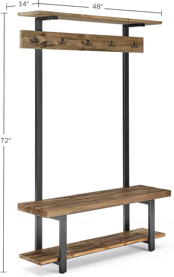 Alaterre Furniture Pomona Entryway Hall Tree – Modern Farmhouse 48-Inch Solid Wood Hall Tree with Bench, Shelves & Metal Coat Hooks – Mudroom & Foyer Storage for Jackets, Bags & Shoes (Rustic Brown) - Image 7