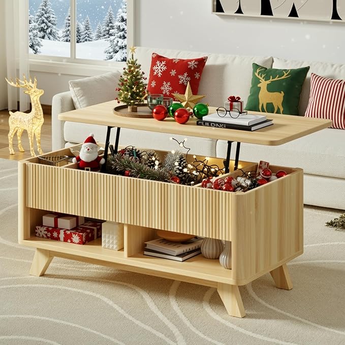 ONBRILL Farmhouse Lift Top Coffee Table, Mid Century Modern Coffee Table with Hidden Storage Compartment, Fluted Rising Pull up Wood Modern Center for Living Room, Office, Natural