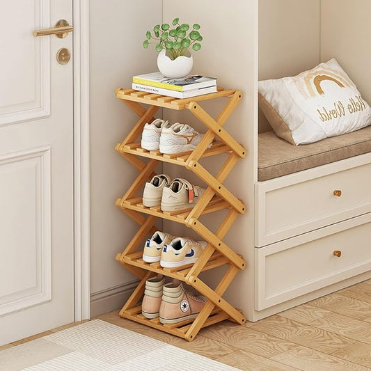 Foldable Shoe Rack, Bamboo Vertical Shoe Organizer Tall for Small Spaces. Multifunctional Narrow Shoe Shelf for Entryway, Closet, Corner, Bedroom, Hallway, Wood Color 5 Layers by XZXWZX