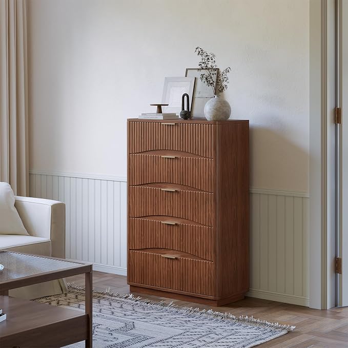 Evermagin Fluted 5 Drawers Dresser, 47" Tall Wooden Dressers Storage Organizer,Modern Chest of Drawers for Bedroom with Deep Storage, Living Room,Entryway, Walnut - Image 7