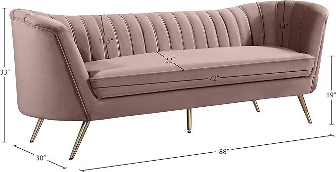 Meridian Furniture Margo Collection Modern | Contemporary Velvet Upholstered Sofa with Deep Channel Tufting and Rich Gold Stainless Steel Legs, Pink, 88" W x 30" D x 33" H