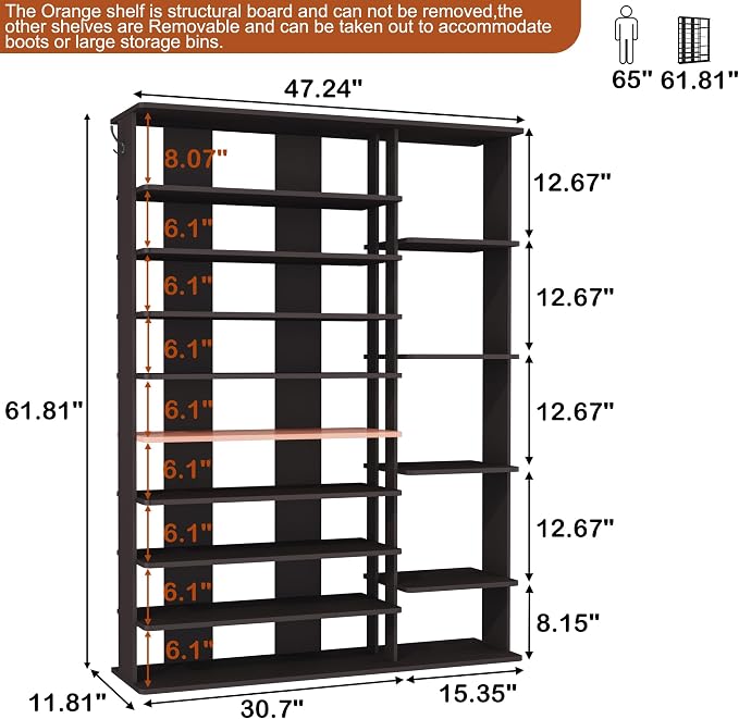 HOMEFORT 10 Tiers Shoe Rack, 50 Pairs Large Shoe Shelf, 61.8" Tall Shoe Tower, Freestanding Shoe Rack Organizer with Open Shelves, Wood Shoe Stand for Boot Storage, for Closet, Entryway, Espresso - Image 3