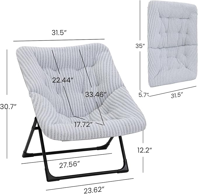 Comfy Saucer Chair for Adults, Soft Faux Fur Bedroom Chair, Accent Dorm Chairs, Flexible Living Room Reading Chairs, Oversized Folding Seat for Teens, X-Large, Stripe Grey
