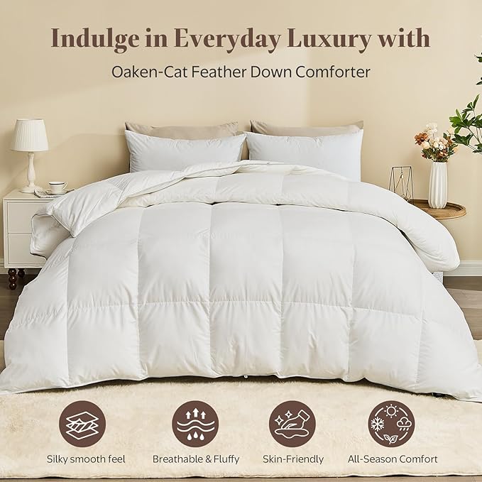 Luxury Goose Down Feather Fiber Comforter California King - Ultra-Soft Egyptian Cotton Blend Cover, Fluffy High Fill-Power All Season Hotel Duvet Insert(104x86 inch, White)