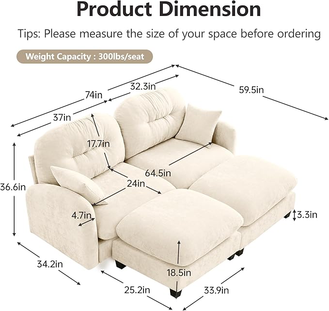 KEIKI 74" Oversized Chenille Modular Sectional Loveseat Sofa with 2 Ottoman, High-Density Foam Cushions, Tufted Pleated Cushion Backrest, Modern 2-Seater Couch with 2 Pillow, for Living Room, Beige