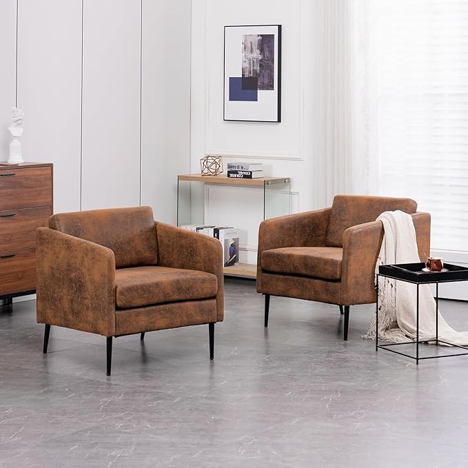 Karl home Mid-Century Accent Chair Retro Club Chair Bronzing Cloth Living Room Chair with Metal Legs for Bedroom/Office/Cafe,Cozy Armchair,Brown