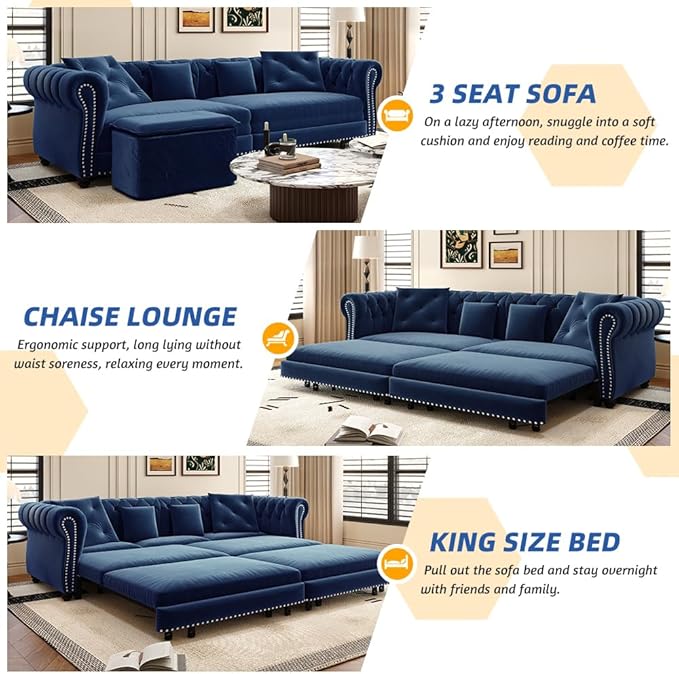 Eafurn 3 in 1 Oversized Chesterfield Loveseat Sofa Convertible Pull Out Sleeper Sofabed King Size Couch Bed w/Movable Ottoman and Nailhead Trim for Living Room Tufted Velvet Recliner Daybed Sofacama