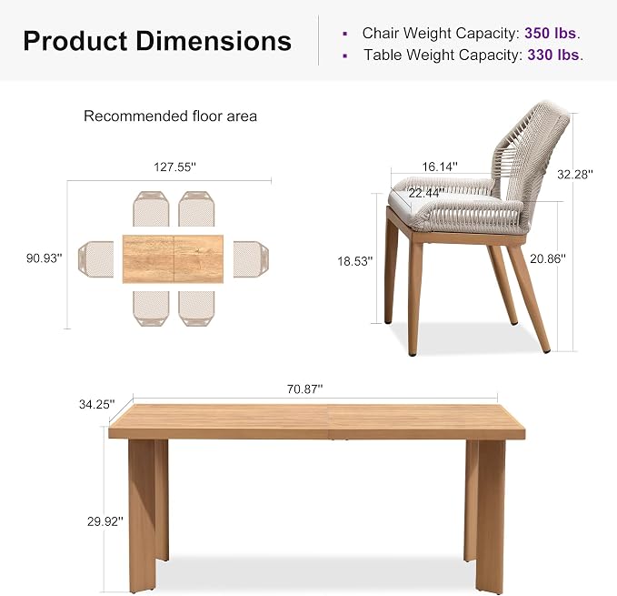 PURPLE LEAF 7 Pieces Patio Dining Set Aluminum Modern Rectangular Table and Wicker Chairs with Cushions for Kitchen Porch Garden Outdoor Furniture Sets, Teak - Image 9