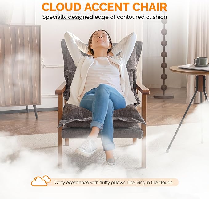 VINGLI Mid-Century Modern Cloud Accent Armchairs Set of 2 with Lumbar Pillow, 6.3'' Thick Seat Cushion Reading Chairs with Wooden Armrests, Boho Lounge Chair for Bedroom, Living Room, Chenille, Grey