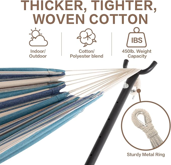 PNAEUT Double Hammocks with Stand for Outside, Portable Space Saving Heavy-Duty Steel Stand for Indoor Outdoor Patio with Carrying Bag, 450 lbs Capacity (Lightblue) - Image 3