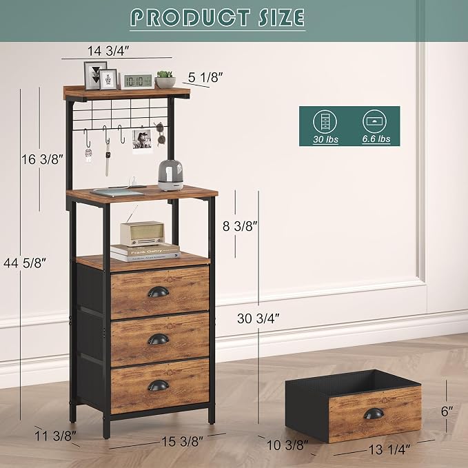 sthmec Tall Nightstands with Charging Station, LED Night Stand Bedsides with 3 Fabric Drawers,Hooks,USB Port and Open Storage Shelves,Tall End Table Bedside Tables for Bedroom,Office, Rustic Brown - Image 3
