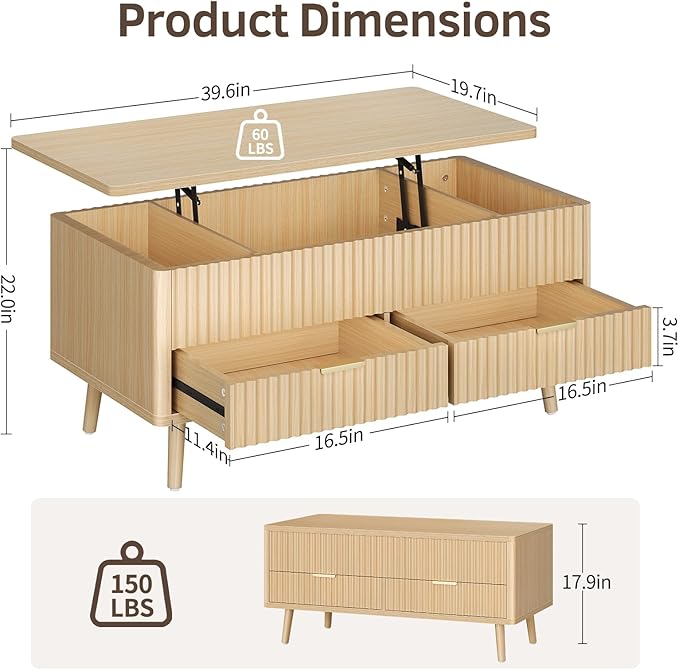 Lift Top Coffee Table with Storage - Fluted Wood Coffee Tables for Living Room with Drawers & Hidden Compartment, Mid Century Modern Square Large Center Table for Home Office, Reception