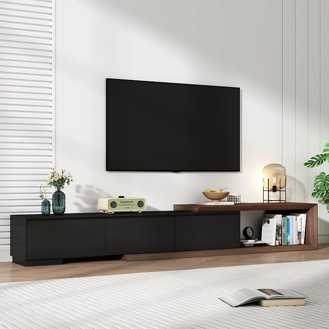 chartustriable Extendable TV Stand with 3 Drawers, Modern Minimalist Entertainment Center, Reversible Long TV Media Console, Bevel Design, 82-107.3 Inch, Black & Walnut by chartustriable