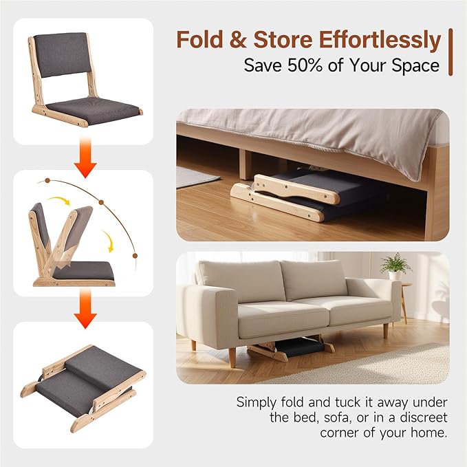 Tiita Foldable Tatami Chair, Japanese Floor Chair, Wood Legless Back Rest Chairs with Cushion, Accent Meditation Floor Chairs Bay Window, Wood Dark Grey