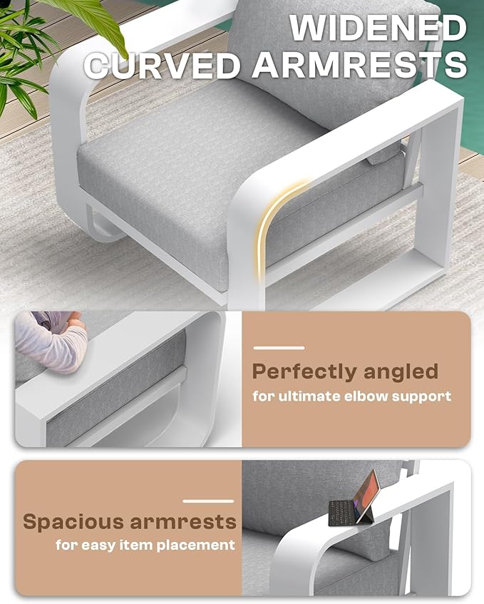 Aluminum Outdoor Sofa Bistro Set, Oversized Patio Conversation Sets Widened Armrest & Ultra-Thick Cushions, Deep Seating Patio Furniture Set for Backyard, Porch, White