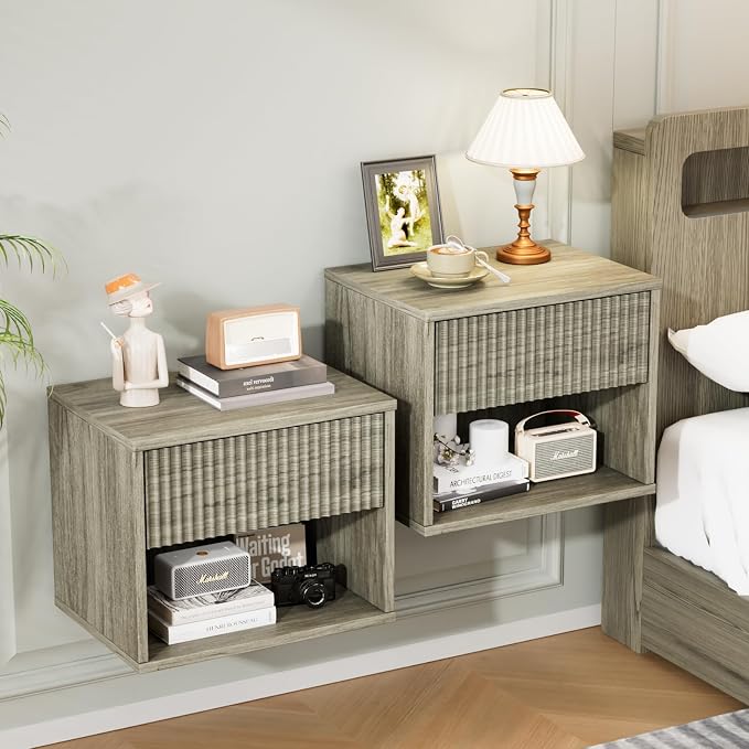 VINGLI Floating Nightstand Set of 2 Gray Fluted Nightstands with 1 Drawer, Grey Night Stand for Bedroom, Wood Bed Side Table, Fluted Nightstand End Table for Bedroom and Living Room by VINGLI