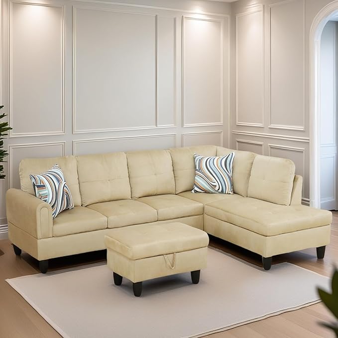 FONTOI L Shaped Sectional Couches for Living Room, Modern Modular Sectional Sofa with Ottoman Storage, Comfy L Shaped Couch with Chaise for Bedroom Apartment Furniture, Beige