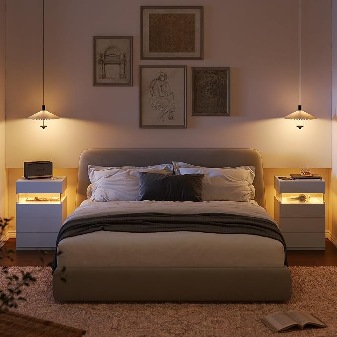 Bingoday White LED Nightstands Set of 2,Modern Night Stand with 4 Drawers,Tall Nightstand,Large Capacity,Multi-Color LED Lights,End Side Table for Bedroom - Image 6