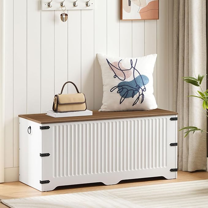 HOOBRO Storage Bench, Toy Box Organizer, Toy Chest with Safety Hinge, Farmhouse Style Storage Chest, 39.3 x 15.7 x 17.7 Inches for Living Room, Bedroom, Entryway, White and Walnut WH26CW01 - Image 4