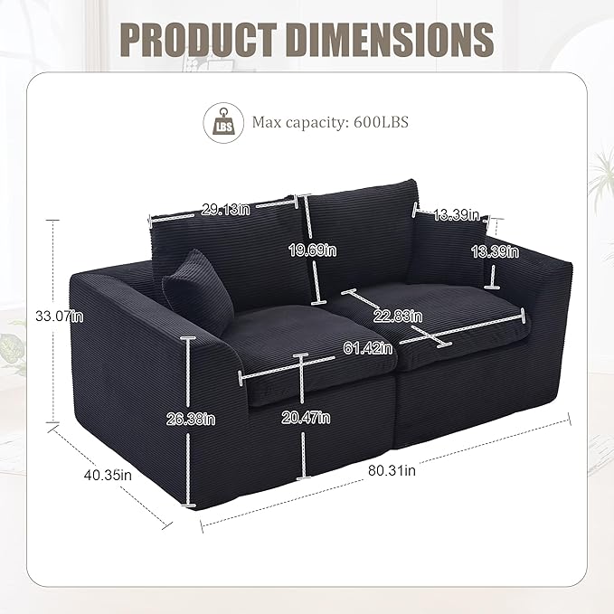 80.3" Cloud Loveseat Boneless Sofas for Living Room, 2 Seaters Modular Foam Cloud Sofa Couches, 2 Seat Compression Foam Couch with Toss Pillows, No Assembly Required