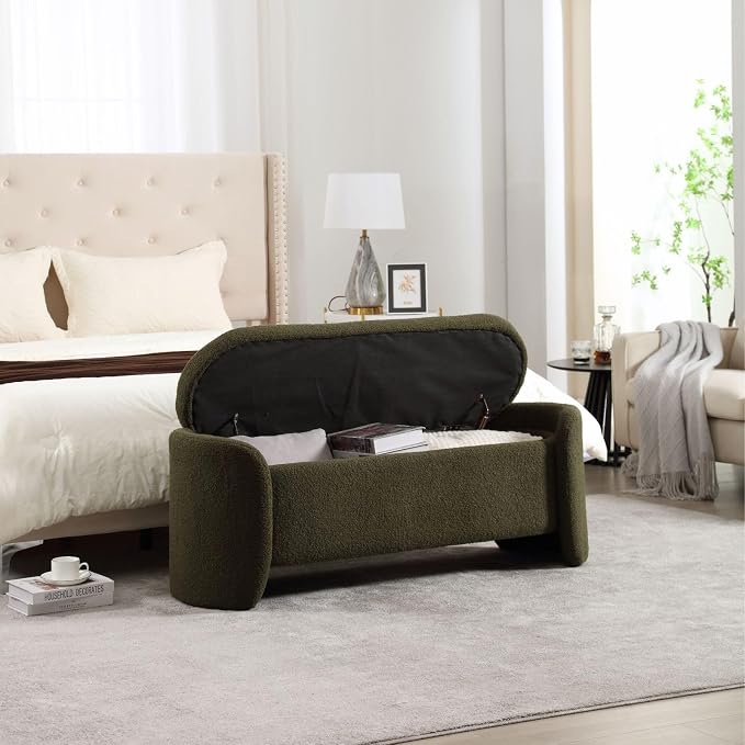 ROCTY Green Boucle Storage Bench - 50" Sherpa End of Bed Ottoman with Seating and Storage for Bedroom, Entryway, Living Room, Vanity or Makeup Room - Teddy Fabric - Image 9
