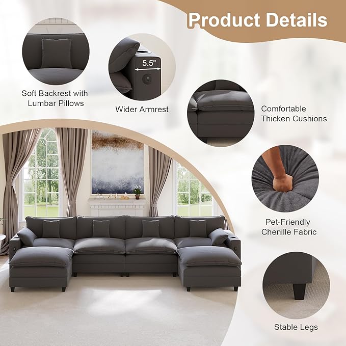 152" Modular Sectional Sofa, U Shaped Cloud Couch with Movable Ottoman, Chenille Deep Seat Cloud Sofa with Charging Station, Cup Holder, Side Pocket, Sectional Couches for Living Room, Grey