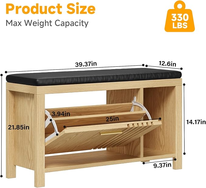 UNIQUITE 40" Shoe Storage Bench with Flip Drawers & Padded Seat Cushion, Open Compartments & Slatted Doors, Entryway Bench with Shoe Storage for Entryway, Hallway, Living Room, Bedroom, Natural - Image 2