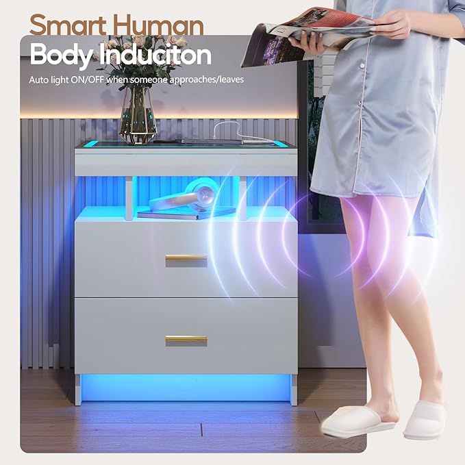 LED Nightstand Set 2 with Wireless Charging Station,White Night Stand with 2 Drawers,Glass Top Smart Bedside Table,Modern End Table Side for Bedroom,Living Room,Office - Image 7