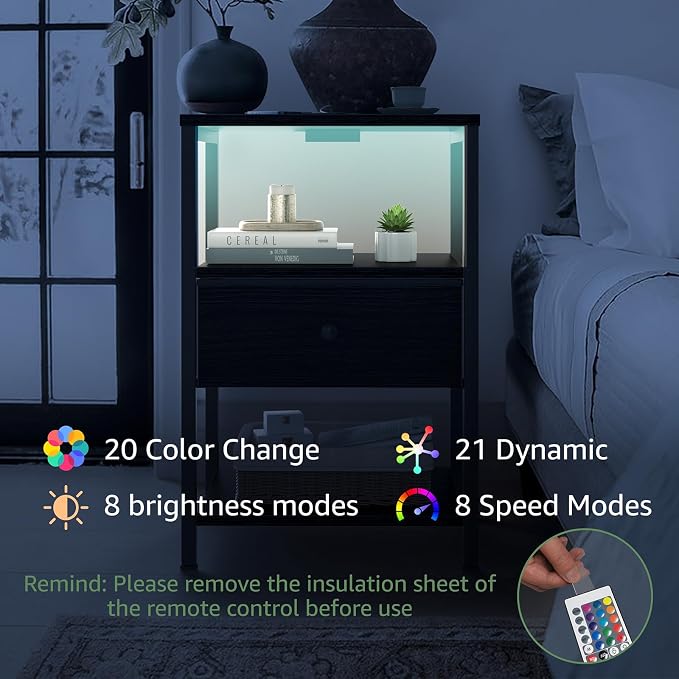 BOLUO Black Nightstand with Charging Station, LED Night Stand with Fabric Drawers and Shelf, Bedside Table with USB Ports and Outlets, Bedroom Nightstand Modern - Image 6