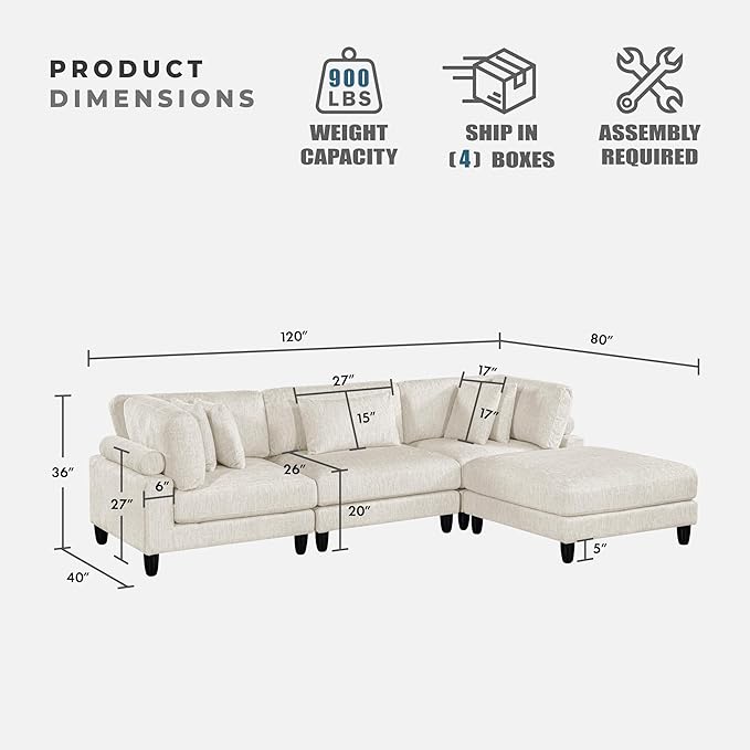 Lexicon 120 Inch Modular Sectional Sofa - Oversized 4 Seater Microfiber L Shaped Sectional Couch with Ottoman, 5 Accent Pillows, and Flexible Arrangement for Modern Living Rooms, Beige