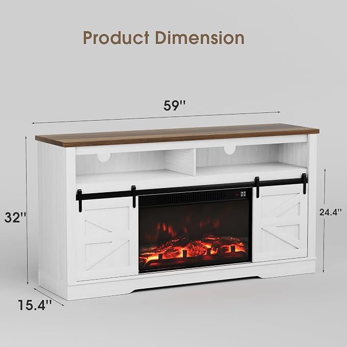 JUMMICO Fireplace TV Stand for 65+ Inch TV with 26'' Fireplace Entertainment Center with Storage Cabinet and Adjustable Shelves Media Console with Sliding Barn Door for Living Room (Milk White) - Image 2