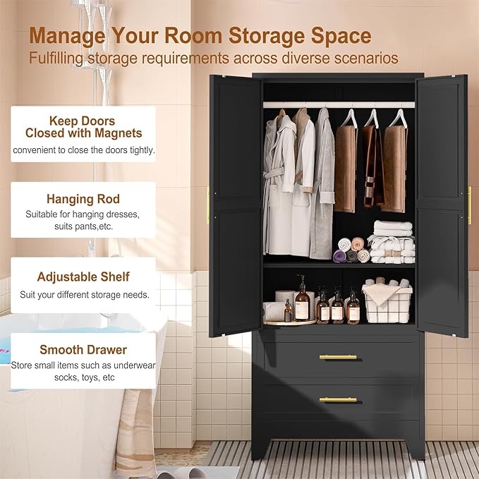 Metal Armoire Wardrobe Closet Storage Cabinet with 2 Doors Black, 71'' Wardrobe Cabinet with Hanging Rod Metal Closet with Adjustable Shelf and 2 Drawers for Bedroom, Laundry Room, Cloak Room