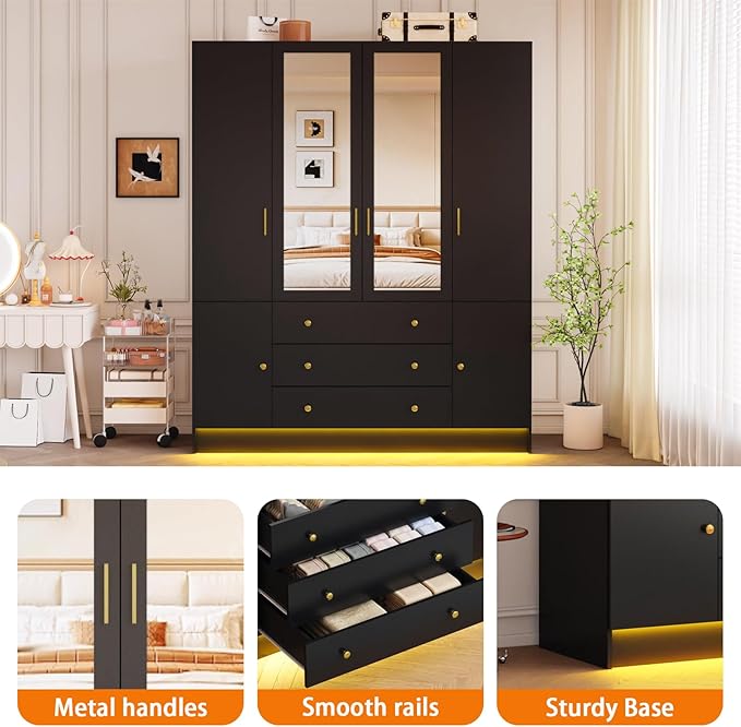 4 Doors Mirrored Wardrobe Armoire Closet with Drawers, LED Armoire Storage Cabinet with Adjustable Shelves & Hanging Rod, 74.8" H Freestanding Clothing Storage Cabinet for Bedroom, Black