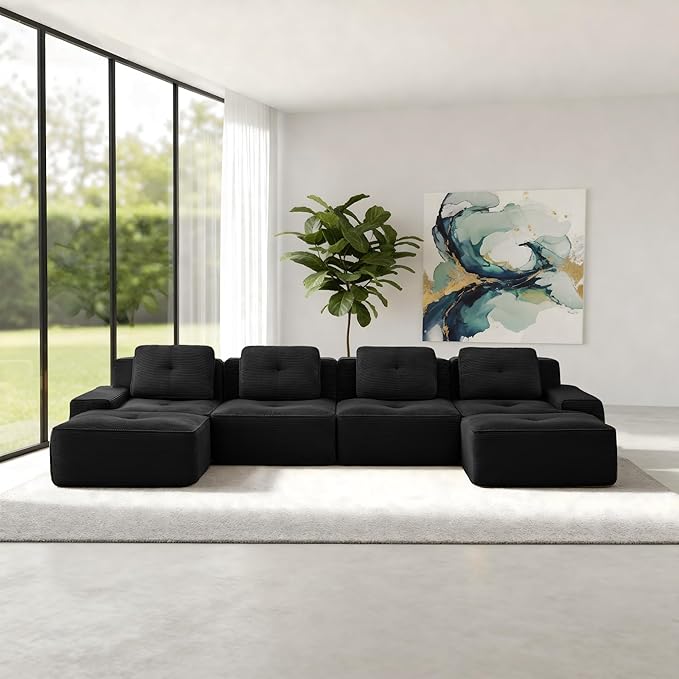 Casaphoria 150'' Boneless Sectional Sofa, Corduroy 4-Seater Cloud Couch with 4 Pillows & 2 Ottomans for Living Room, U-Shaped Deep Seat Modular Sofa for Apartment, No Assembly, Black