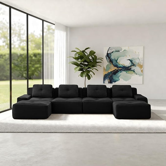 Casaphoria 150'' Boneless Sectional Sofa, Corduroy 4-Seater Cloud Couch with 4 Pillows & 2 Ottomans for Living Room, U-Shaped Deep Seat Modular Sofa for Apartment, No Assembly, Black