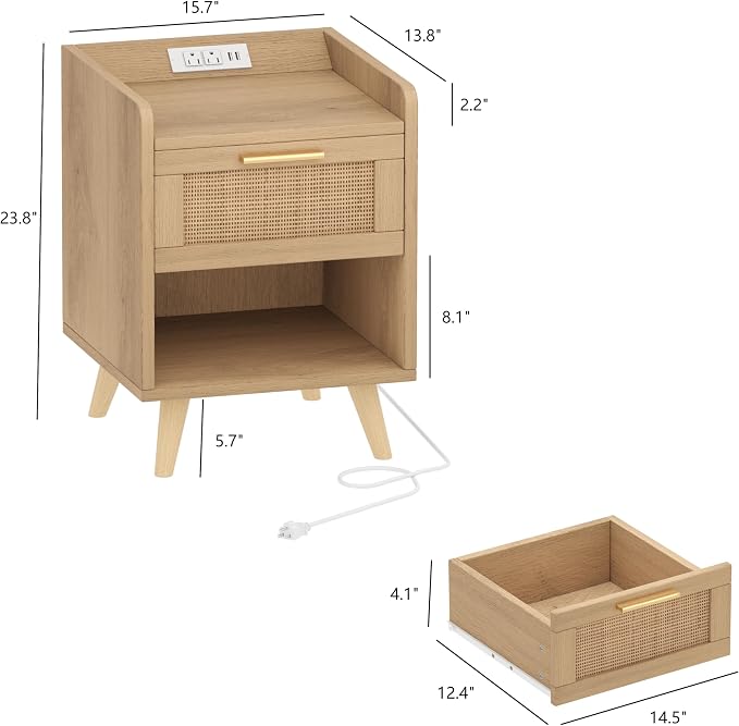 Keehusux Night Stands Set of 2, 13.8"W Nightstands with Charging Station, Boho End Table with LED Lights, Rattan Bed Side Table with Drawer & Metal Handle, Solid Wood Feet, for Bedroom, Dorm, Natural - Image 3