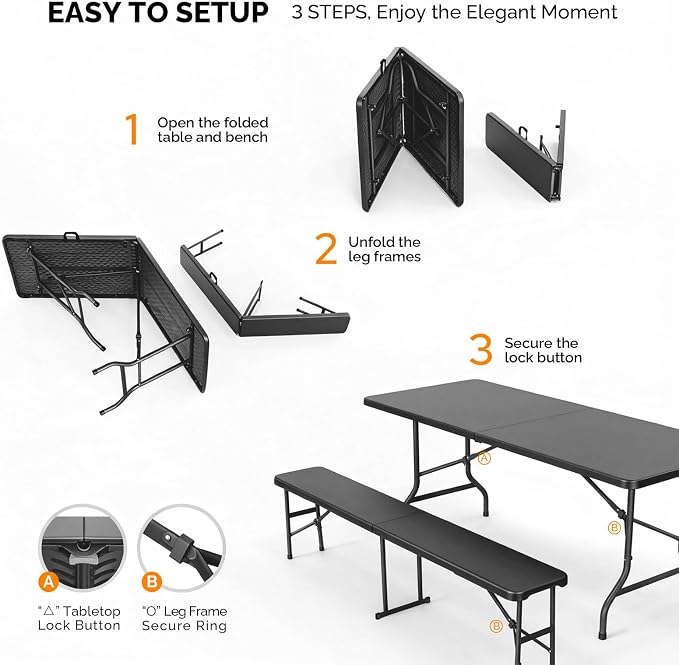 VINGLI Picnic Table Set with 2 Benches, 6 Feet Camping Table Chair Set, 3-Piece Folding Furniture for Indoor or Outdoor Use, Tree Patterned HDPE Tabletop, Black - Image 2