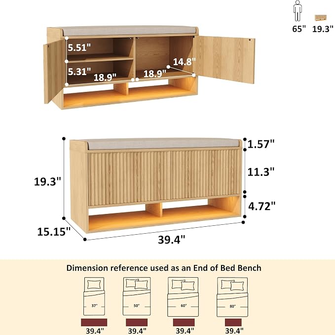 HOMEFORT 39.4" Fluted Shoe Storage Bench, Entryway Bench with Linen Seat Cushion, Shoe Cabinet Bench with Adjustable Shelf and Built-in LED Sensor Light, Bench for Bedroom End of Bed, Natural Oak - Image 2