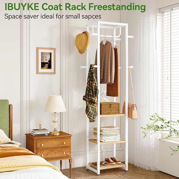 IBUYKE Coat Rack with Shelves, Freestanding Hall Tree with 3 Shelves and 8 Hooks, Industrial Clothes Stand for Entryway, Hallway, Bedroom, Natural UTMJ088R - Image 3