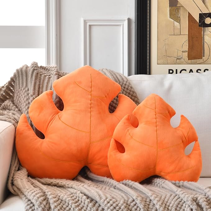 Leaf Pillow, Cute Decorative Throw Plant Pillow Aesthetic Decor Nature Pillow for Bed Couch, Leaves Shaped Pillow Perfect for Bedroom Living Room (Orange, 19.6 Inches)